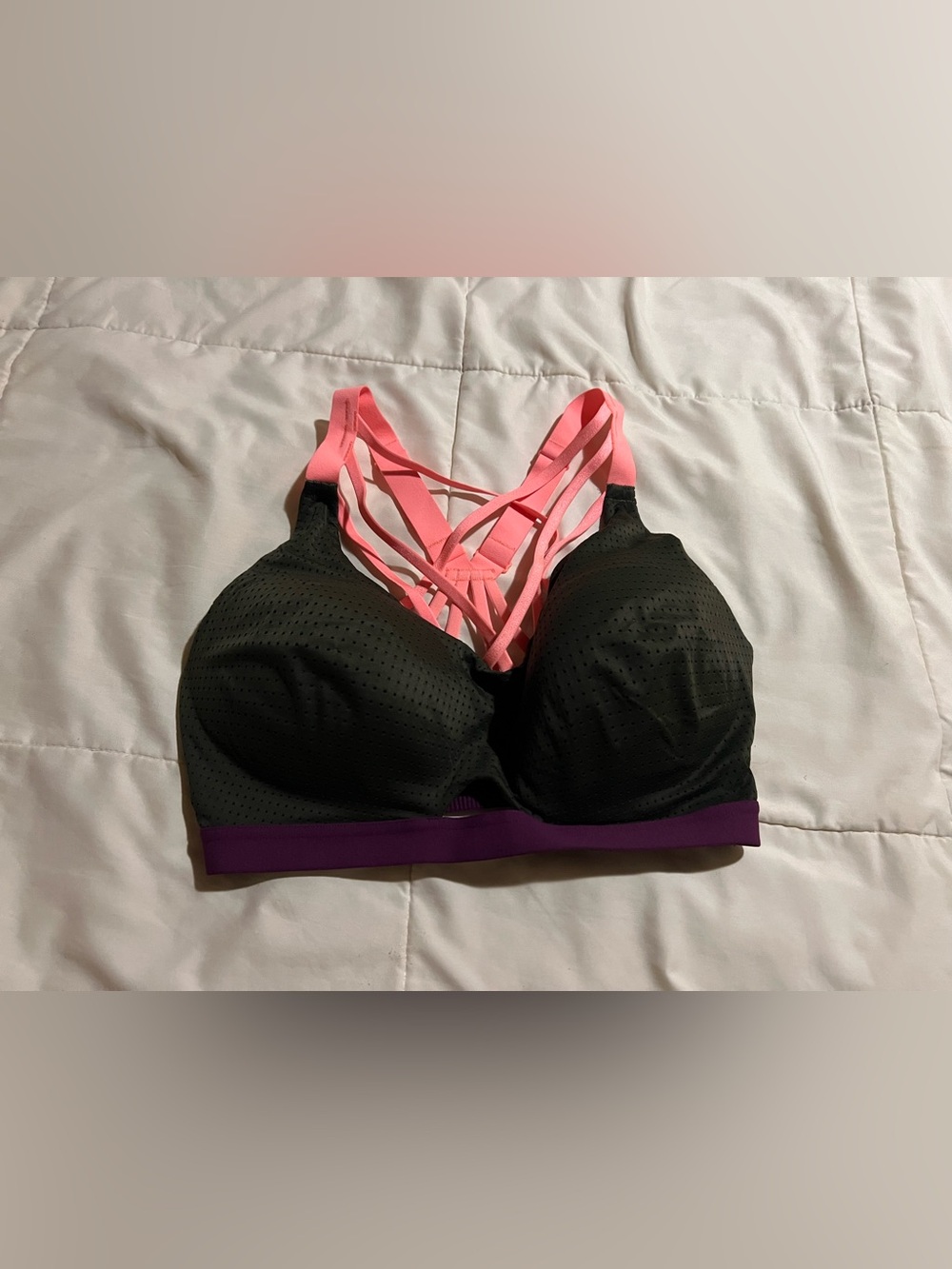 Victoria's Secret Black Sports Bra with Pink Strappy Back and Purple Band